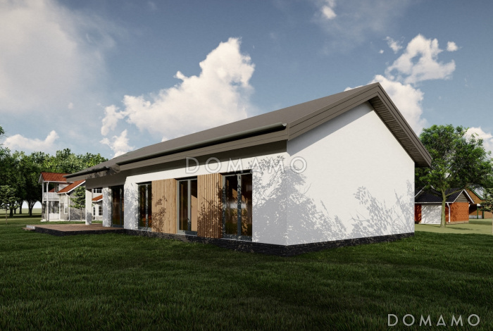 Проект дома с 3 спальнями, сауной и печью в кухне-гостиной