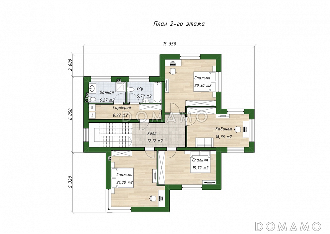 Проект двухэтажного дома из газобетона с 4 спальнями, кабинетом и крытой террасой / План 2 этажа