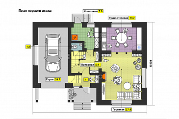 Проект загородного дома с тремя спальнями на мансардном этаже, круглым окном, гаражом на одну машину / План 1 этажа