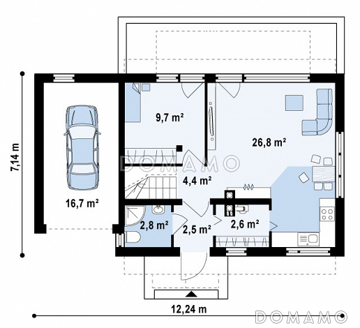 Проект одноэтажного дома из кирпича с мансардным этажом, светлой гостиной и гаражом для автомобиля / План 1 этажа