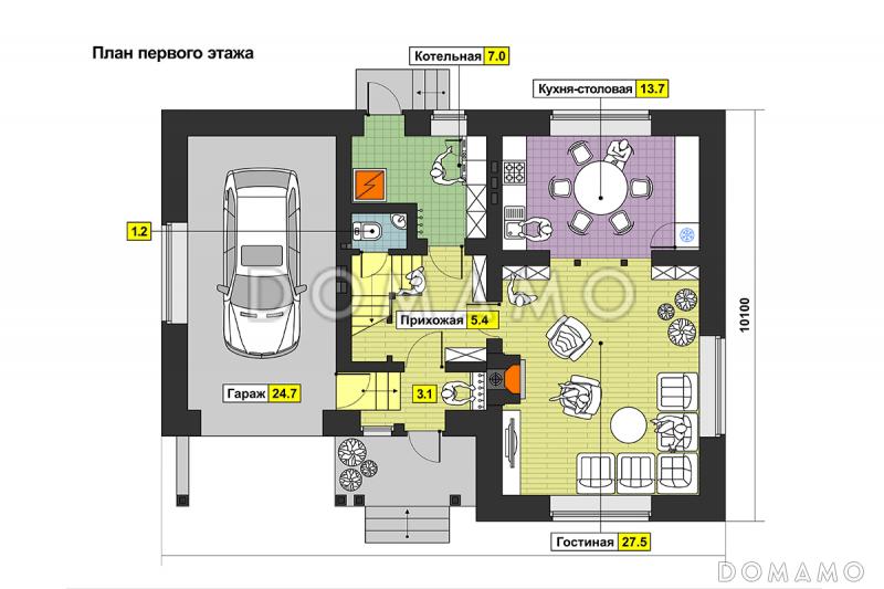 Проект загородного дома с тремя спальнями на мансардном этаже, круглым окном, гаражом на одну машину / План 1 этажа