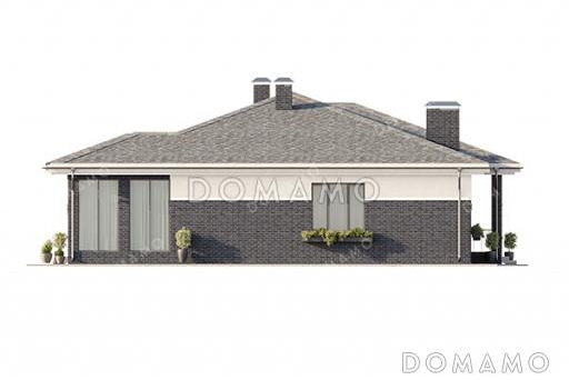 Проект большого одноэтажного дома с пристроенным гаражом, просторной кухней-гостиной, крытой застекленной верандой и навесом перед гаражом / Фасад 3