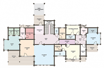 Проект дома из клееного бруса с мансардными окнами и большой площадью остекления / План 1 этажа