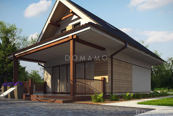 Проект небольшого мансардного дома из газобетона с панорамным остеклением дневной зоны