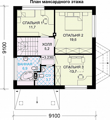 Проект дома из газобетона с эркером / План мансардного этажа