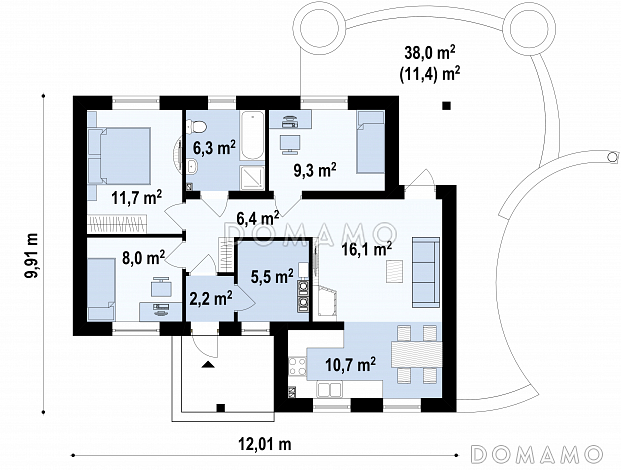 Проект небольшого одноэтажного дома из кирпича с тремя спальнями и красивой угловой террасой / План 1 этажа