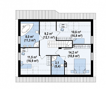 Проект одноэтажного мансардного дома из газобетона с тремя комнатами и кабинетом / План мансардного этажа