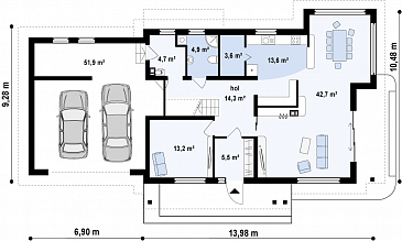 Проект просторного современного двухэтажного дома из газобетона, с пятью комнатами, бильярдной и гаражом  / План 1 этажа