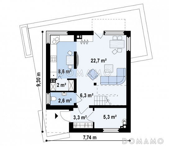 Проект двухэтажного дома из газобетона в стиле кубизм со спальной зоной на втором этаже / План 1 этажа