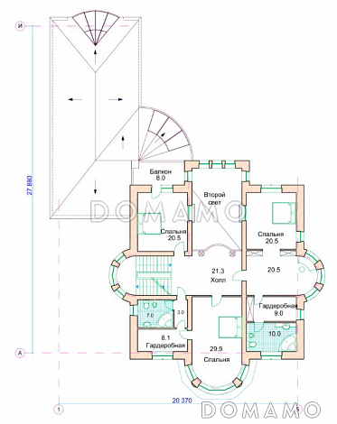 Проект коттеджа с двусветной гостиной, бассейном и зимним садом / План 2 этажа