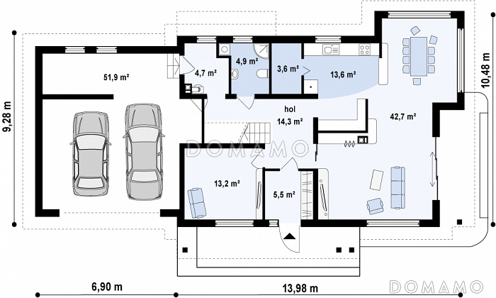 Проект просторного современного двухэтажного дома из газобетона, с пятью комнатами, бильярдной и гаражом  / План 1 этажа
