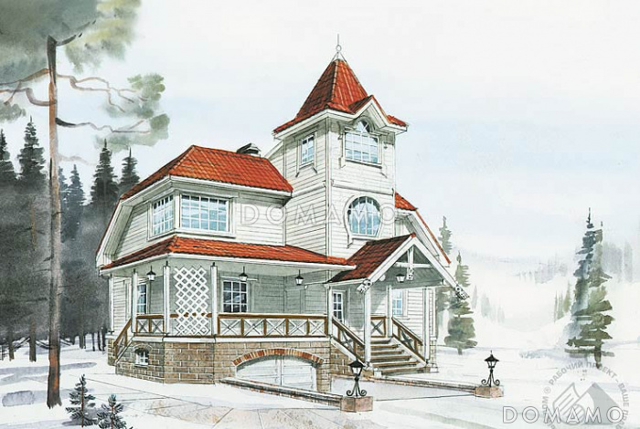 Проект коттеджа с башенкой и гаражом