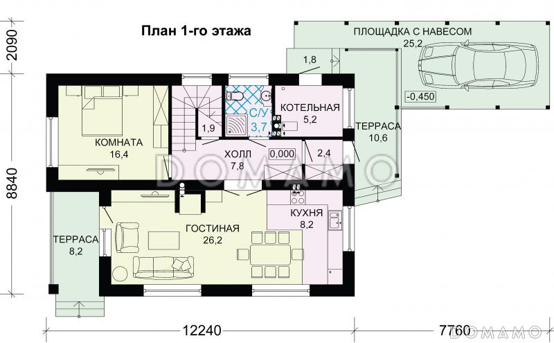 Проект  стильного дома из пеноблоков  с навесом для машины / План 1 этажа