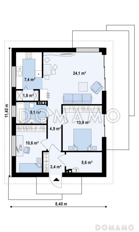 Проект компактного одноэтажного дома из кирпича с двумя спальнями, изолированной кухней и торцевым входом / План 1 этажа