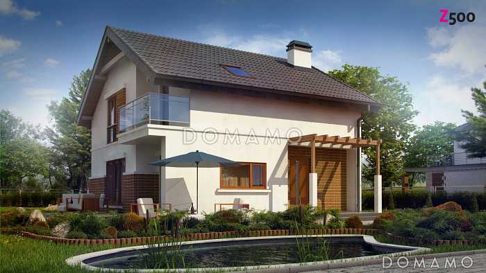 Проект одноэтажного дома с высоким мансардным этажом из газобетона с кабинетом и угловым балконом