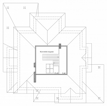 Проект особняка в трех уровнях, с комнатой отдыха на чердаке, с мастерской, гаражом и навесом под автомобиль / План мансардного этажа