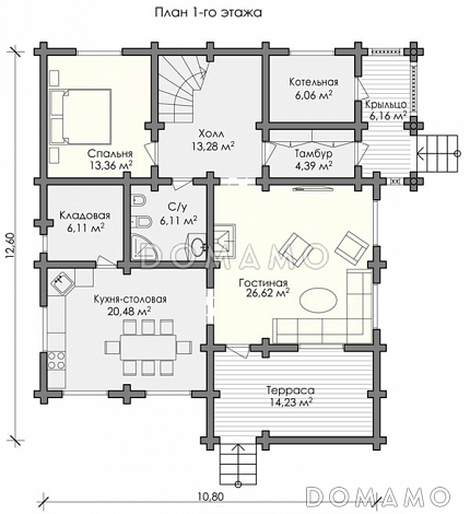 Проект большого и просторного дома, включающего в себя два этажа / План 1 этажа