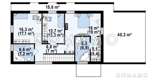 Проект двухэтажного дома из газобетона с двухскатной крышей с четырьмя комнатами, гаражом и открытой террасой над ним / План 2 этажа