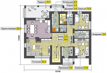 Проект дома с крытой террасой, сауной и душевой, двумя спальнями на первом этаже, гостиной с камином, балконом, вторым светом / План 1 этажа