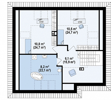 Проект мансардного дома из газобетона с двумя спальнями на первом этаже и двумя на мансарде / План мансардного этажа