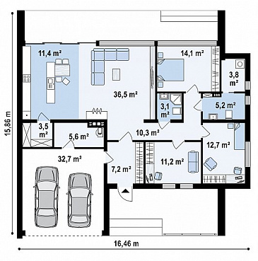 Проект современного одноэтажного дома из кирпича с плоской крышей, большой площадью остекления, с тремя спальнями и большим гаражом / План 1 этажа