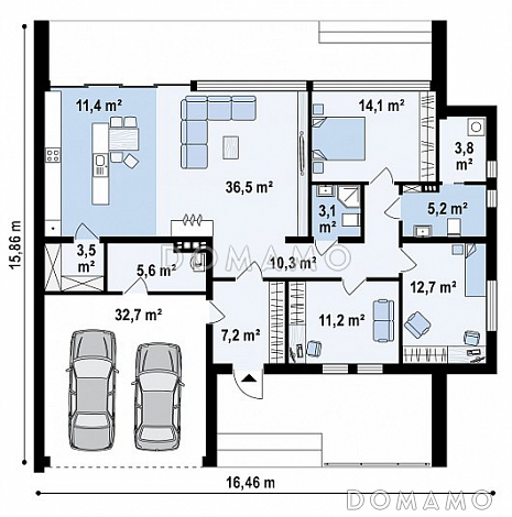 Проект современного одноэтажного дома из кирпича с плоской крышей, большой площадью остекления, с тремя спальнями и большим гаражом / План 1 этажа