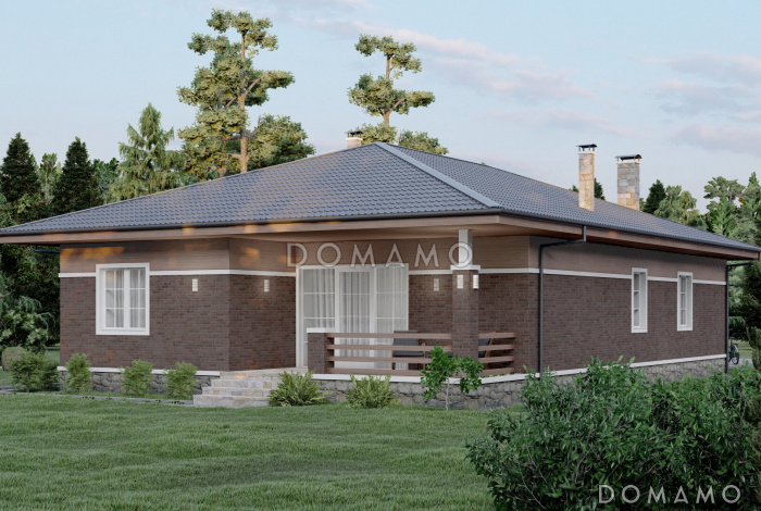 Проект одноэтажного дома с просторной кухней-гостиной и террасой