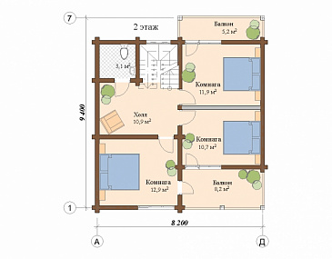 Проект дома из клееного бруса с мансардой и двумя балконами на втором этаже / План мансардного этажа