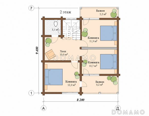 Проект дома из клееного бруса с мансардой и двумя балконами на втором этаже / План мансардного этажа