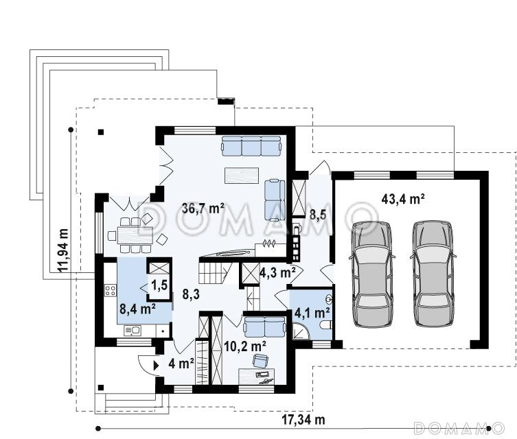 Проект одноэтажного мансардного дома из кирпича с кабинетом, гаражом на два автомобиля и комнатой над гаражом / План 1 этажа