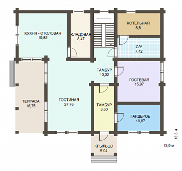 Проект двухэтажного дома из клееного бруса с пятью спальнями / План 1 этажа