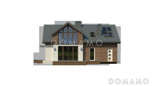 Проект увеличенного одноэтажного мансардного дома из кирпича с гаражом и большим фронтонным окном / Фасад 3