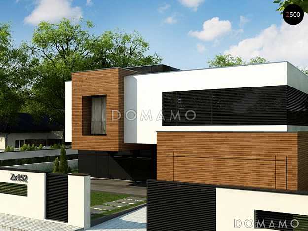 Проект просторного современного двухэтажного дома из газобетона с плоской крышей,  с пятью комнатами, гаражом и террасой на втором этаже