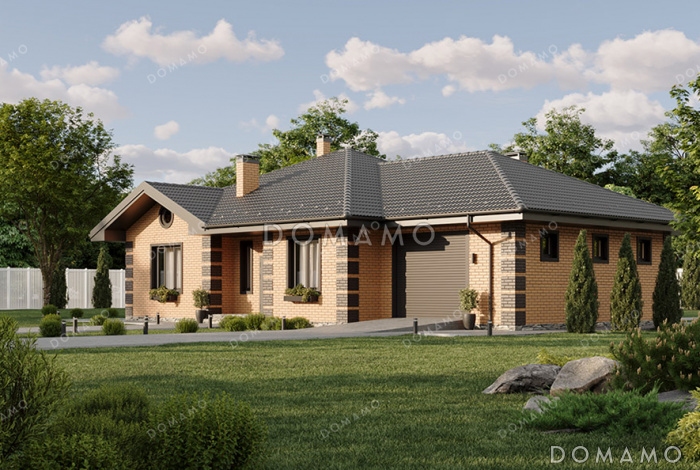 Проект одноэтажного дома с гаражом и крытой верандой в классическом стиле