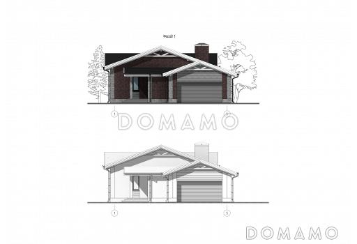 Проект одноэтажного дома с мастер-спальней, кабинетом, гаражом на 2 машины и застекленной террасой / Фасад 1
