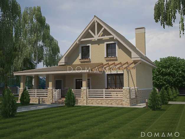 Проект коттеджа с мансардным этажом, гаражом и большой террасой