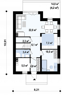 Проект компактного одноэтажного мансардного дома из кирпича с тремя спальнями и кабинетом / План 1 этажа