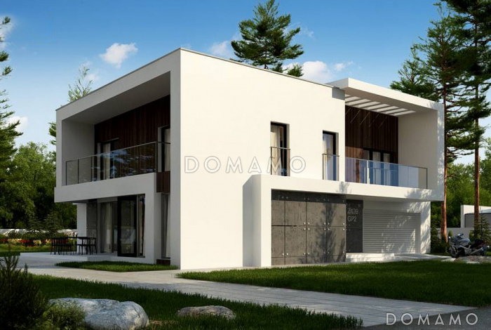 Проект просторного современного двухэтажного дома из кирпича, с пятью комнатами, большим гаражом и двумя лоджиями