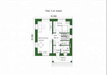 Проект компактного двухэтажного дома с террасой, гостиной и 4 спальнями / План 1 этажа