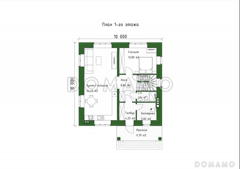 Проект компактного двухэтажного дома с террасой, гостиной и 4 спальнями / План 1 этажа