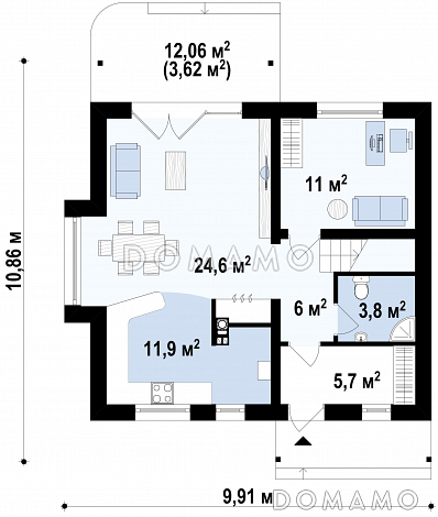 Проект мансардного дома из газобетона с кабинетом, тремя спальнями и балконом / План 1 этажа