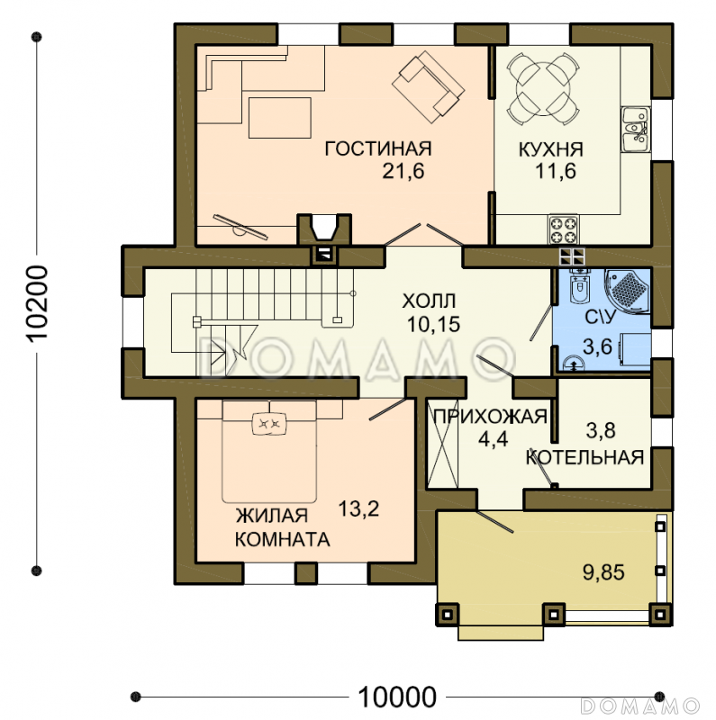 Проект квадратного коттеджа с облицовкой клинкером слоновая кость / План 1 этажа