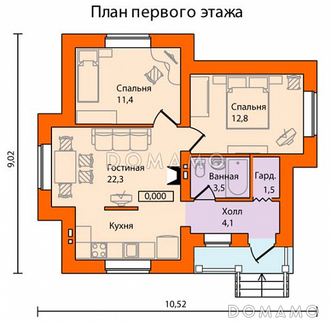 Проект одноэтажного дома из SIP панелей с многощипцовой крышей / План 1 этажа