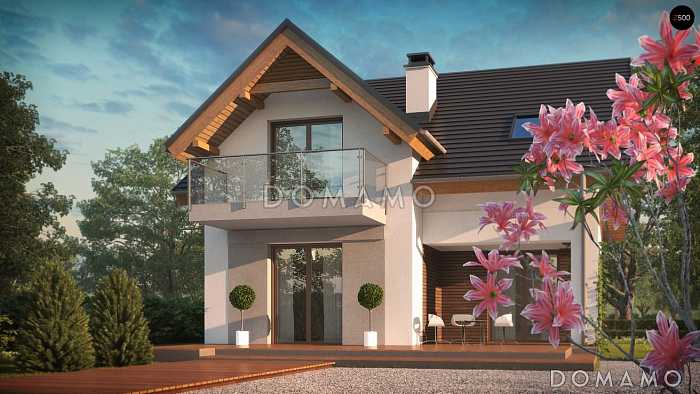 Проект дома с террасой, мансардными окнами, балконом,  треугольным окном в ванной на мансарде