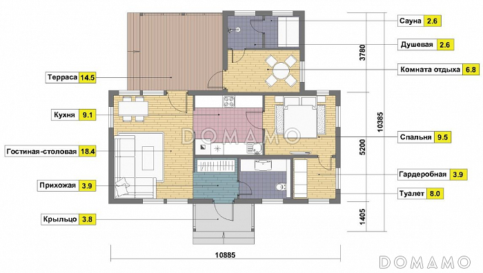Проект одноэтажного каркасного дома с одной спальней, сауной и крытой террасой / План 1 этажа