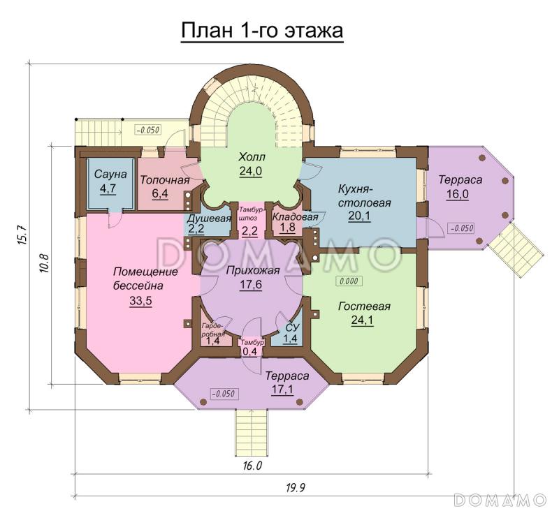 Проект  двухэтажного коттеджа с мансардой, бассейном и кинотеатром / План 1 этажа