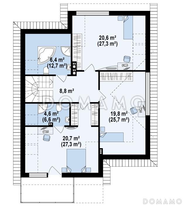 Проект одноэтажного мансардного дома из газобетона с гаражом и тремя спальнями и балконом / План мансардного этажа