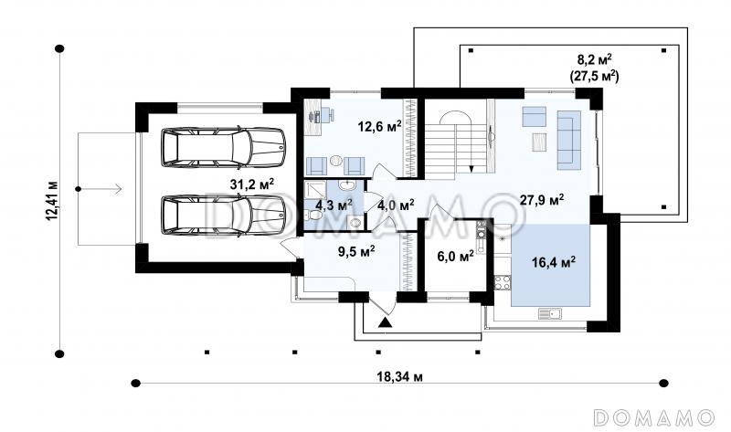 Проект двухэтажного загородного дома с гаражом на 2 автомобиля, террасой, большой кухней, кабинетом / План 1 этажа