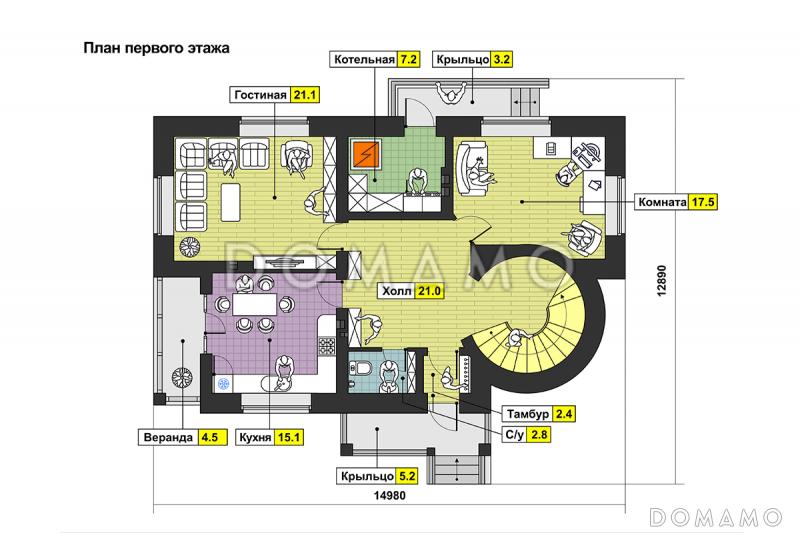 Проект дома с башней, окнами в пол на веранде, с балконом и лоджией / План 1 этажа