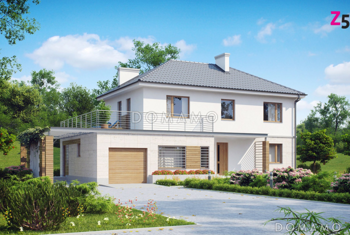 Проект двухэтажного дома из кирпича с четырьмя комнатами, гаражом и открытой террасой над ним